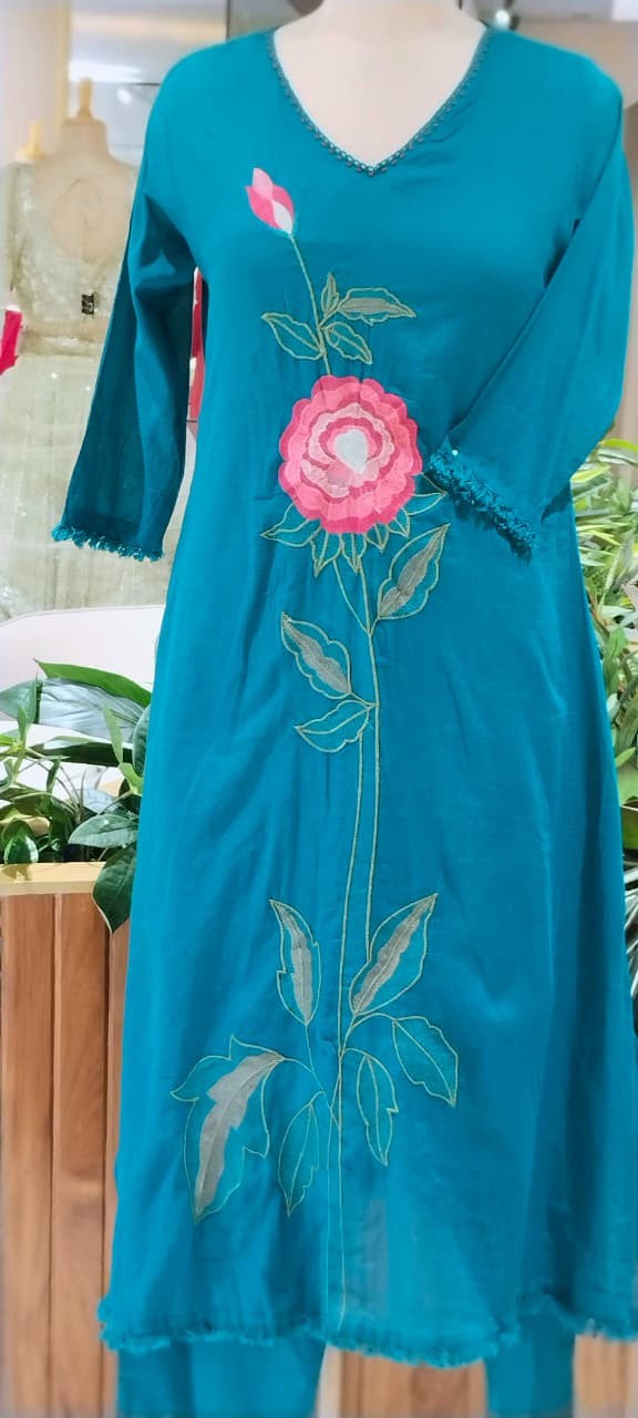 Bright Tone Rosy Vine Embroidered Minimal Lace Accent Cotton Full Suit Set With Dupatta- 16521