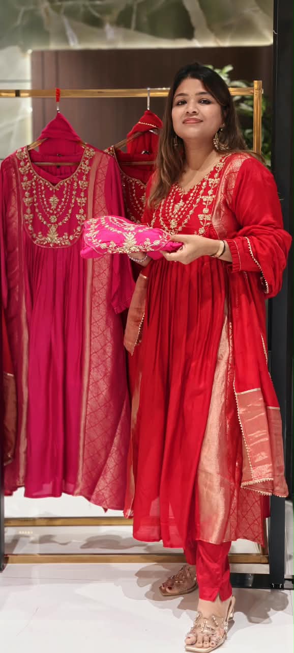 Golden Fine Embroidery U-Yoke Front Pleated Brocade Side Panels Anarkali Full Suit Set With Dupatta In Russian Silk Fabric-16510
