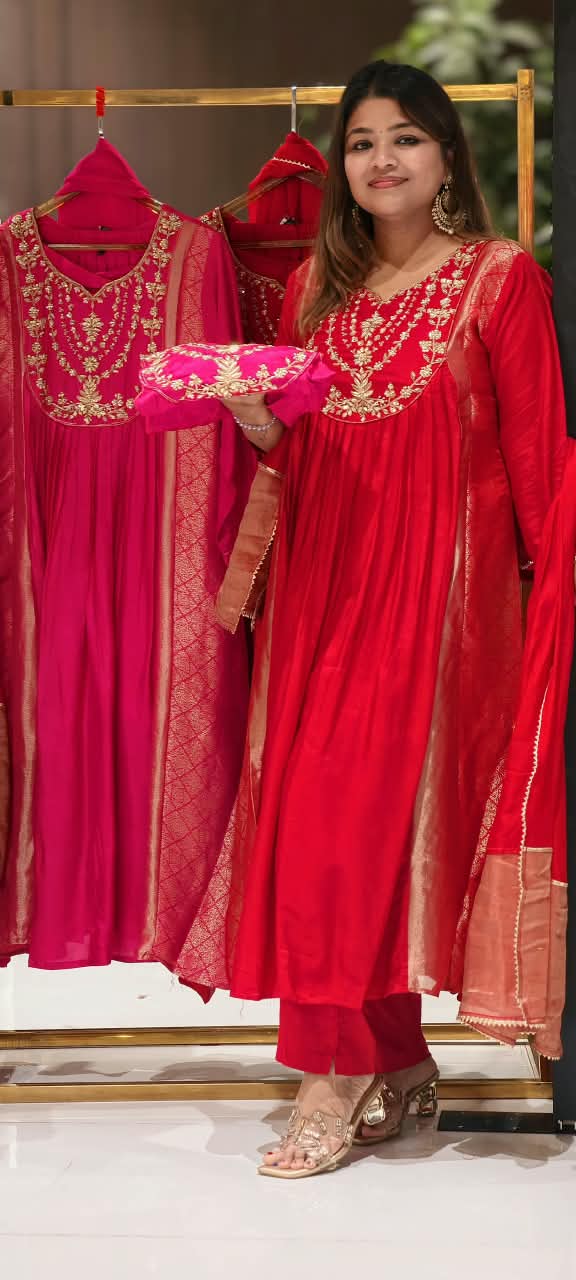 Golden Fine Embroidery U-Yoke Front Pleated Brocade Side Panels Anarkali Full Suit Set With Dupatta In Russian Silk Fabric-16510