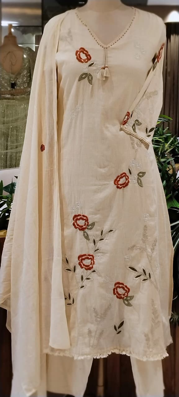 Floral Embroidery Side Slitted V-Neck Full Suit Set with Tassel Detailing & Matching Dupatta- 16522