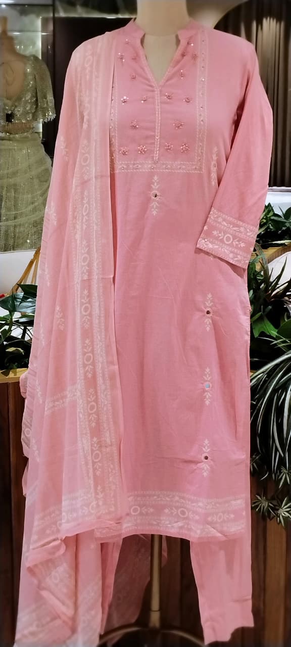 Bandhej Elegance Minor Intricate Embroidery Work Soft Cotton Straight Full Suit Set With Dupatta- 16520 Slightly Lean Fit