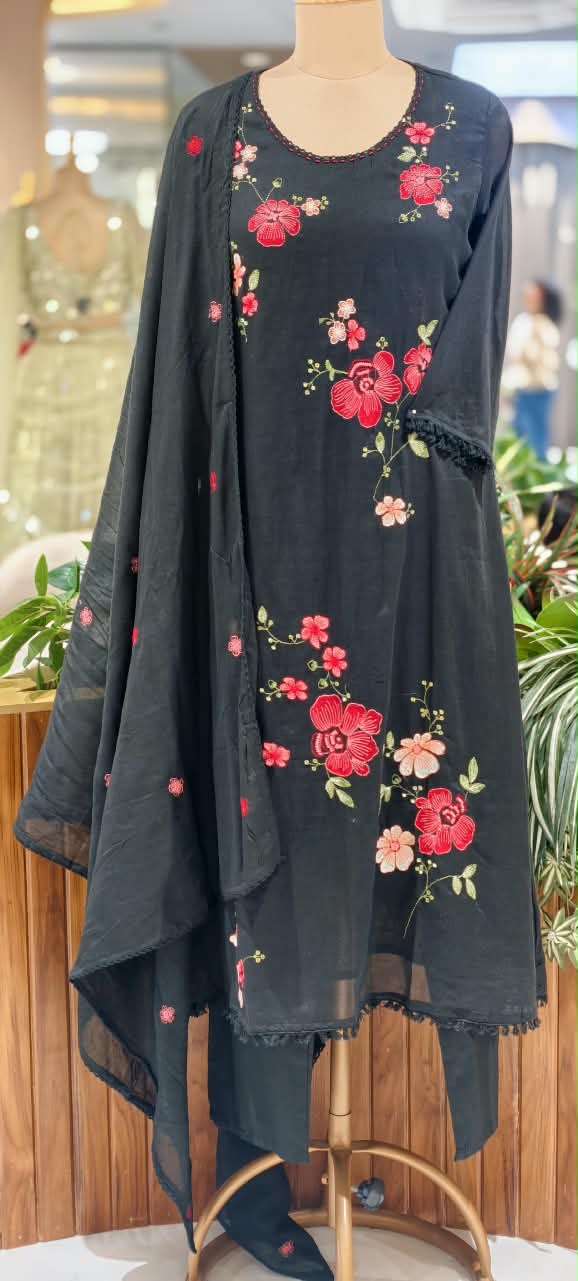 Pure Cotton Intricate Floral Embroidery Solid Shade A-Line Full Suit Set With Dupatta- 16519