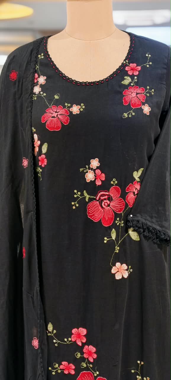 Pure Cotton Intricate Floral Embroidery Solid Shade A-Line Full Suit Set With Dupatta- 16519