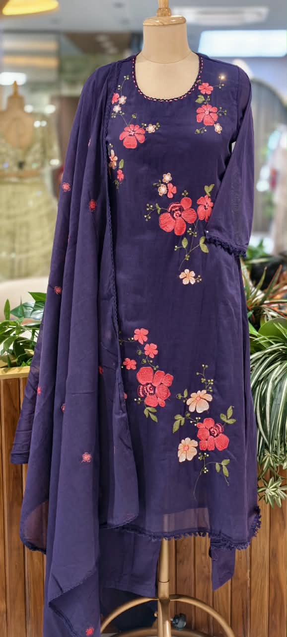 Pure Cotton Intricate Floral Embroidery Solid Shade A-Line Full Suit Set With Dupatta- 16519