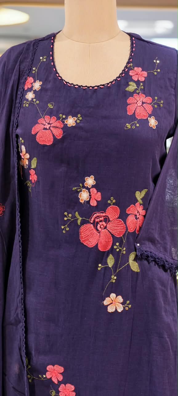 Pure Cotton Intricate Floral Embroidery Solid Shade A-Line Full Suit Set With Dupatta- 16519