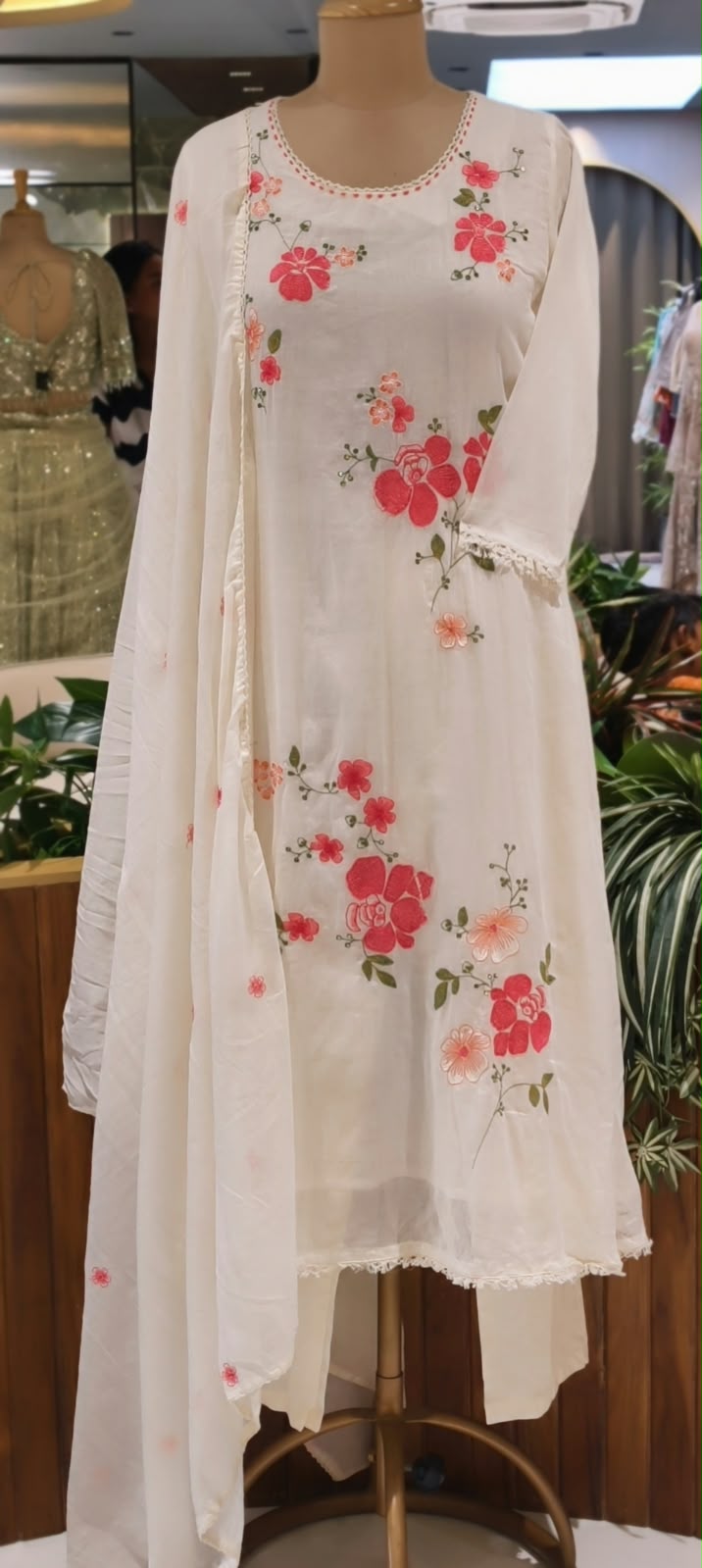 Pure Cotton Intricate Floral Embroidery Solid Shade A-Line Full Suit Set With Dupatta- 16519