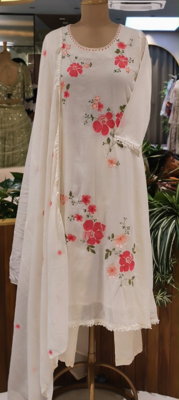 Pure Cotton Intricate Floral Embroidery Solid Shade A-Line Full Suit Set With Dupatta- 16519