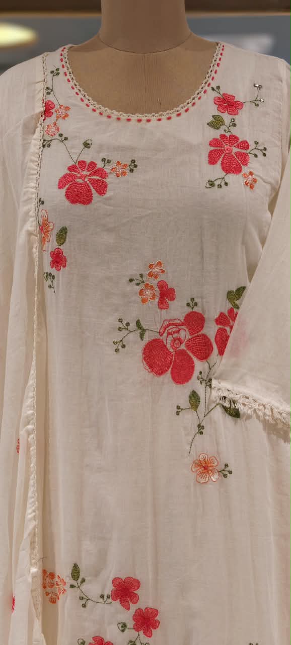 Pure Cotton Intricate Floral Embroidery Solid Shade A-Line Full Suit Set With Dupatta- 16519