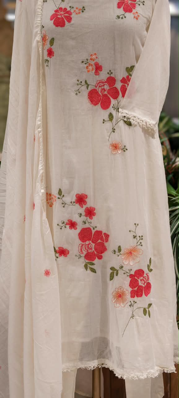 Pure Cotton Intricate Floral Embroidery Solid Shade A-Line Full Suit Set With Dupatta- 16519