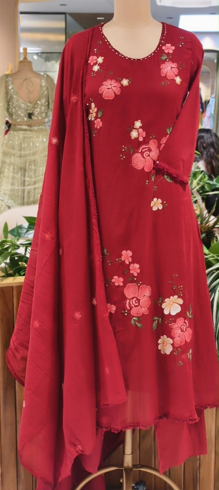 Pure Cotton Intricate Floral Embroidery Solid Shade A-Line Full Suit Set With Dupatta- 16519