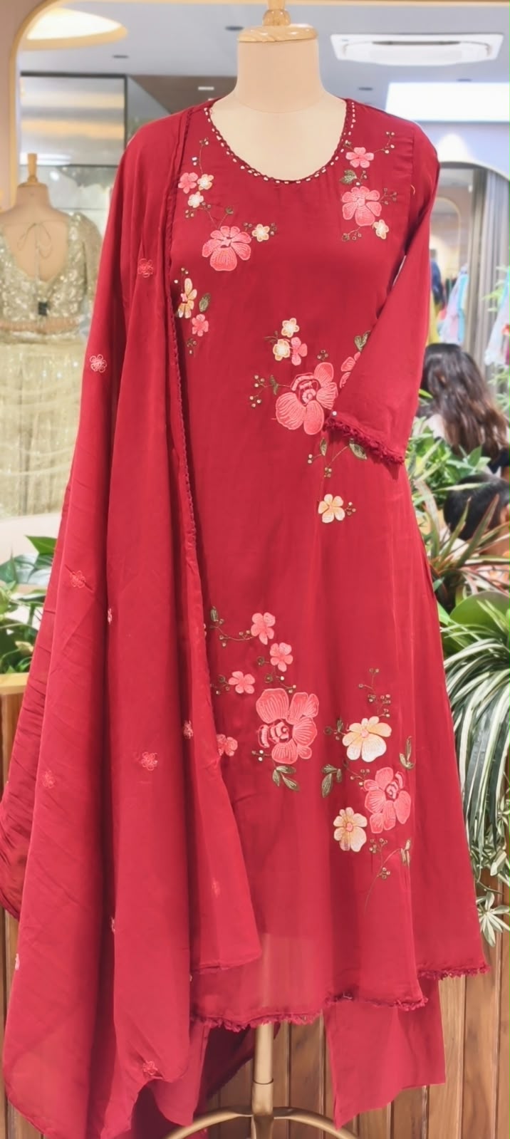 Pure Cotton Intricate Floral Embroidery Solid Shade A-Line Full Suit Set With Dupatta- 16519