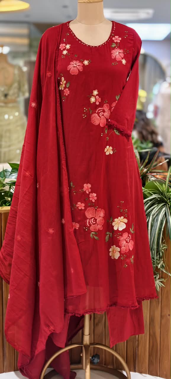 Pure Cotton Intricate Floral Embroidery Solid Shade A-Line Full Suit Set With Dupatta- 16519