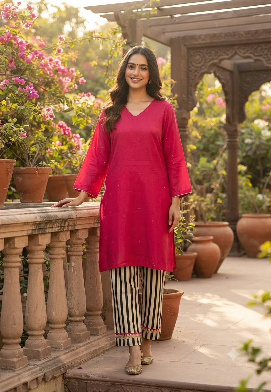 Reddish Glow Solid Kurta With Lace Outlines & Co-Ordinated Striped Bottom- 16495
