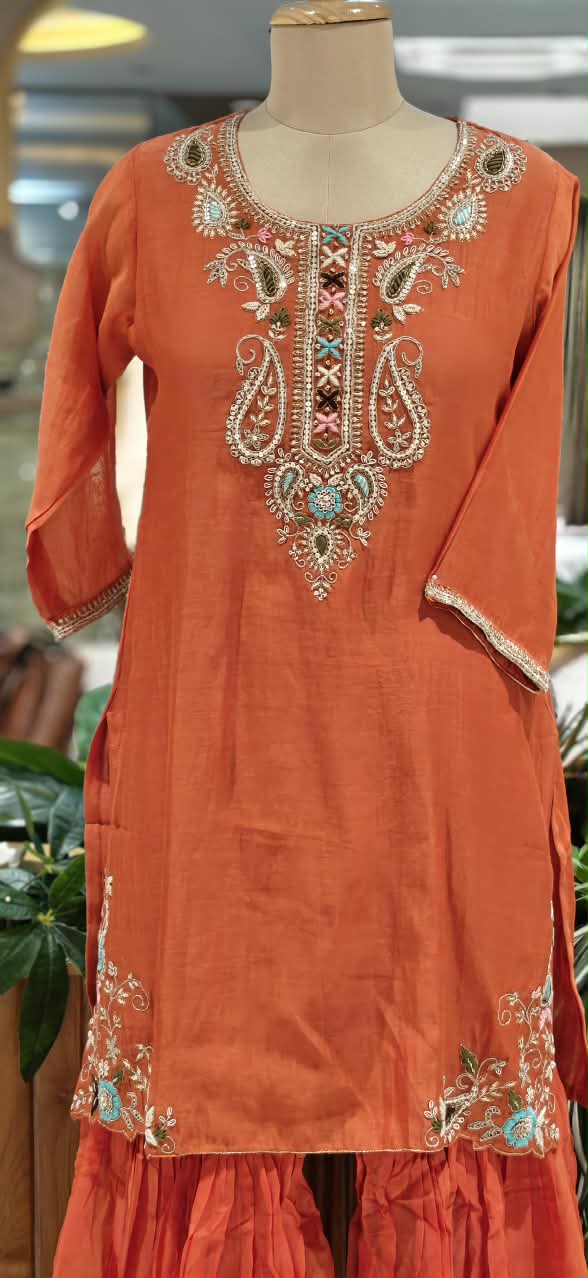 Zardozi Placket Structured Mango Buti Embroidery Work Full Suit Set With Dupatta & Sharara Bottom- 16525
