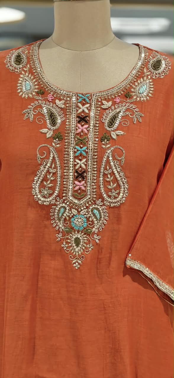 Zardozi Placket Structured Mango Buti Embroidery Work Full Suit Set With Dupatta & Sharara Bottom- 16525