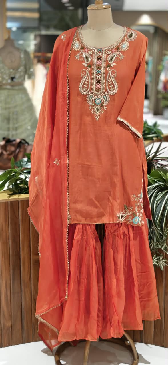 Zardozi Placket Structured Mango Buti Embroidery Work Full Suit Set With Dupatta & Sharara Bottom- 16525