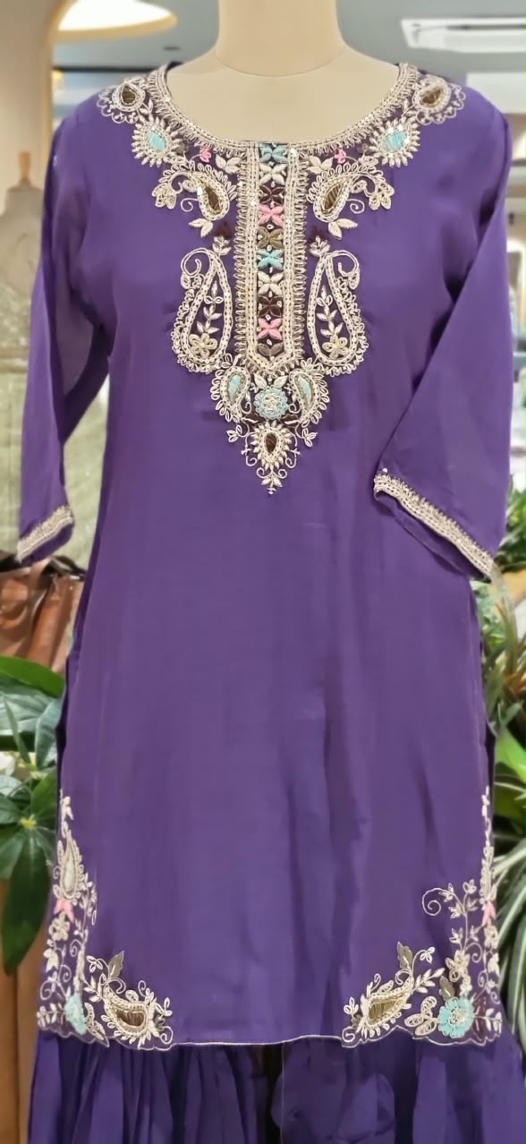 Zardozi Placket Structured Mango Buti Embroidery Work Full Suit Set With Dupatta & Sharara Bottom- 16525