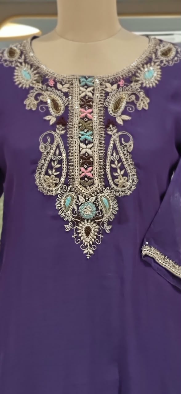 Zardozi Placket Structured Mango Buti Embroidery Work Full Suit Set With Dupatta & Sharara Bottom- 16525