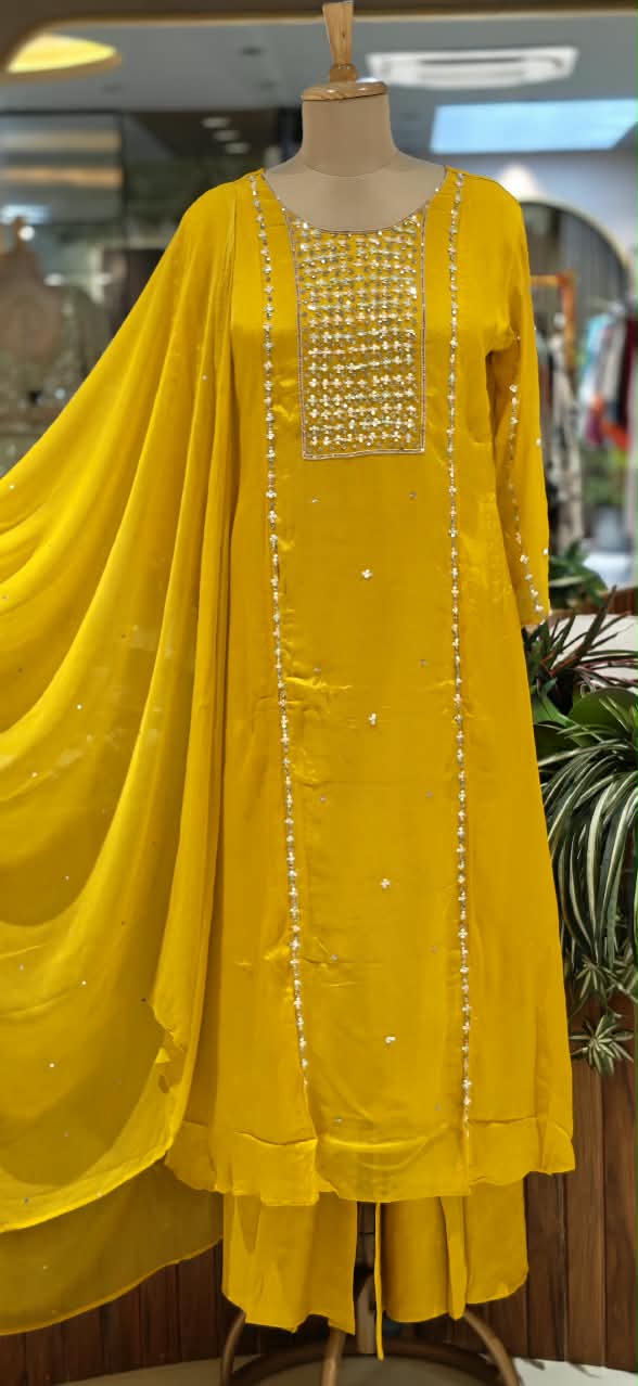 Elegant Tiny Sequin Crafted Chinon A-Line Palazzo Full Suit Set With Dupatta- 16527