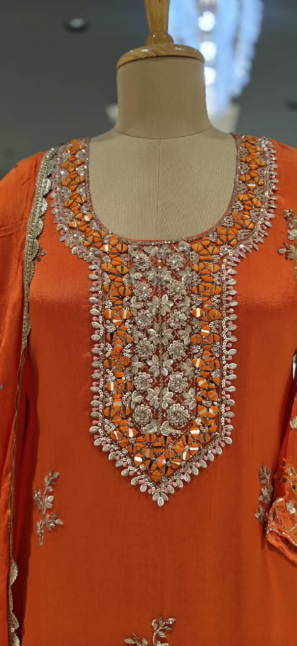 Heavy Sequin Embroidery Work Vibrant Blunt Orange Chinon Palazzo Full Suit Set With Dupatta- 16526