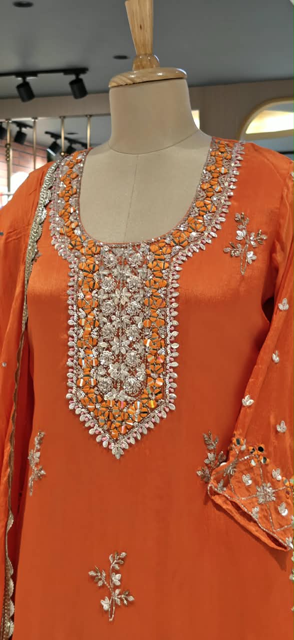 Heavy Sequin Embroidery Work Vibrant Blunt Orange Chinon Palazzo Full Suit Set With Dupatta- 16526