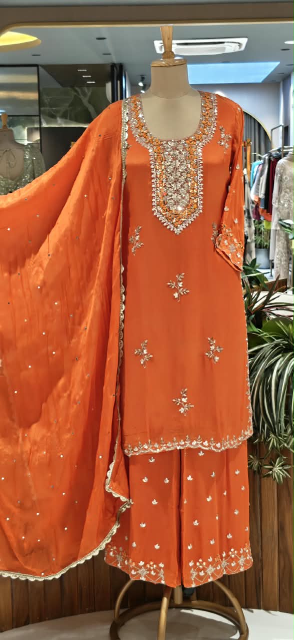 Heavy Sequin Embroidery Work Vibrant Blunt Orange Chinon Palazzo Full Suit Set With Dupatta- 16526