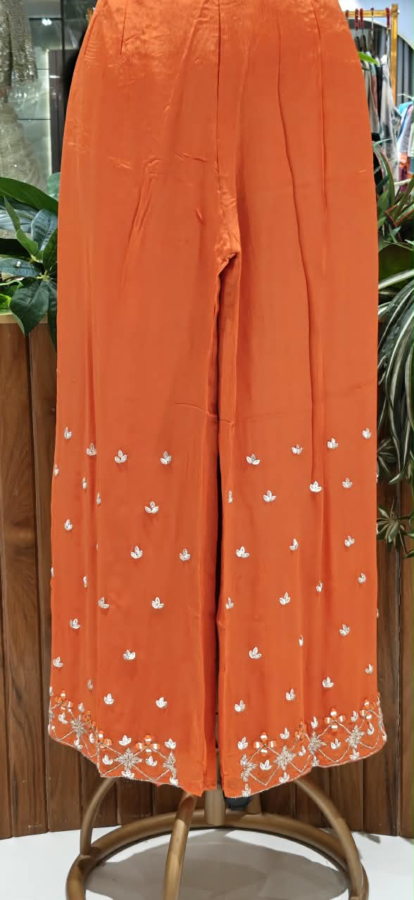 Heavy Sequin Embroidery Work Vibrant Blunt Orange Chinon Palazzo Full Suit Set With Dupatta- 16526