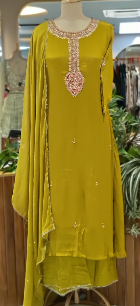 Candleian Intricate Neck Embroidery With Beaded Sleeve Chinon A-Line Matching Full Suit Set With Dupatta- 16528