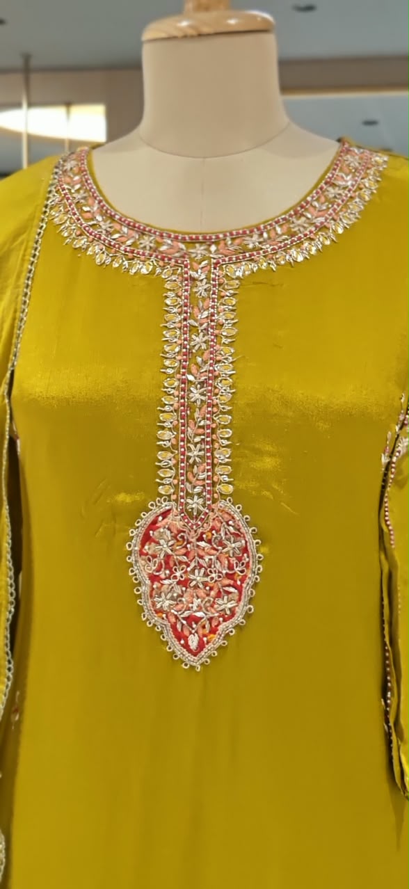 Candleian Intricate Neck Embroidery With Beaded Sleeve Chinon A-Line Matching Full Suit Set With Dupatta- 16528