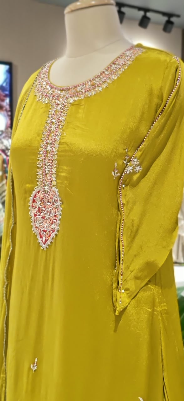 Candleian Intricate Neck Embroidery With Beaded Sleeve Chinon A-Line Matching Full Suit Set With Dupatta- 16528