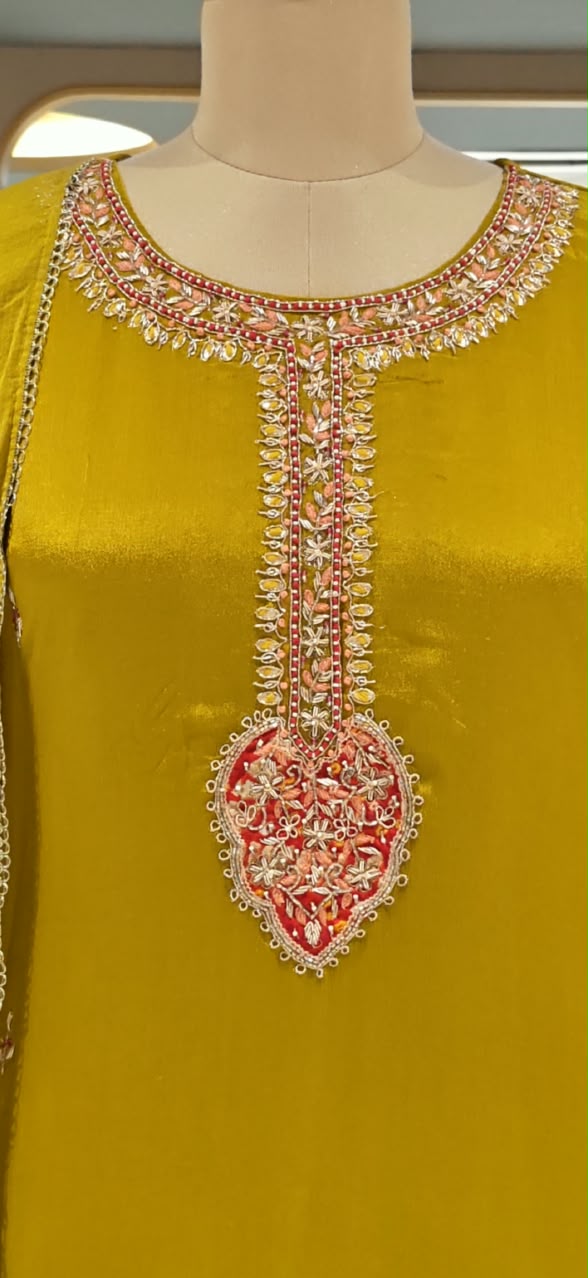 Candleian Intricate Neck Embroidery With Beaded Sleeve Chinon A-Line Matching Full Suit Set With Dupatta- 16528