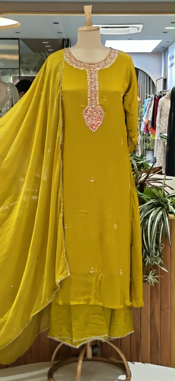 Candleian Intricate Neck Embroidery With Beaded Sleeve Chinon A-Line Matching Full Suit Set With Dupatta- 16528