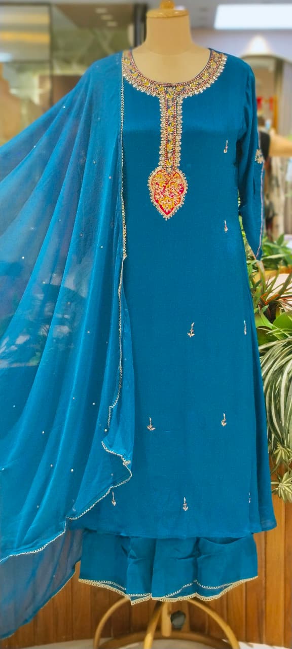 Candleian Intricate Neck Embroidery With Beaded Sleeve Chinon A-Line Matching Full Suit Set With Dupatta- 16528