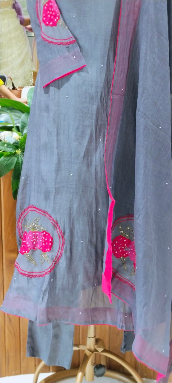 Strawberry Floral Patched Embroidery With Sequin Upwork A-Line Banarasi Mul-Chanderi Full Suit Set With Dupatta- 16530