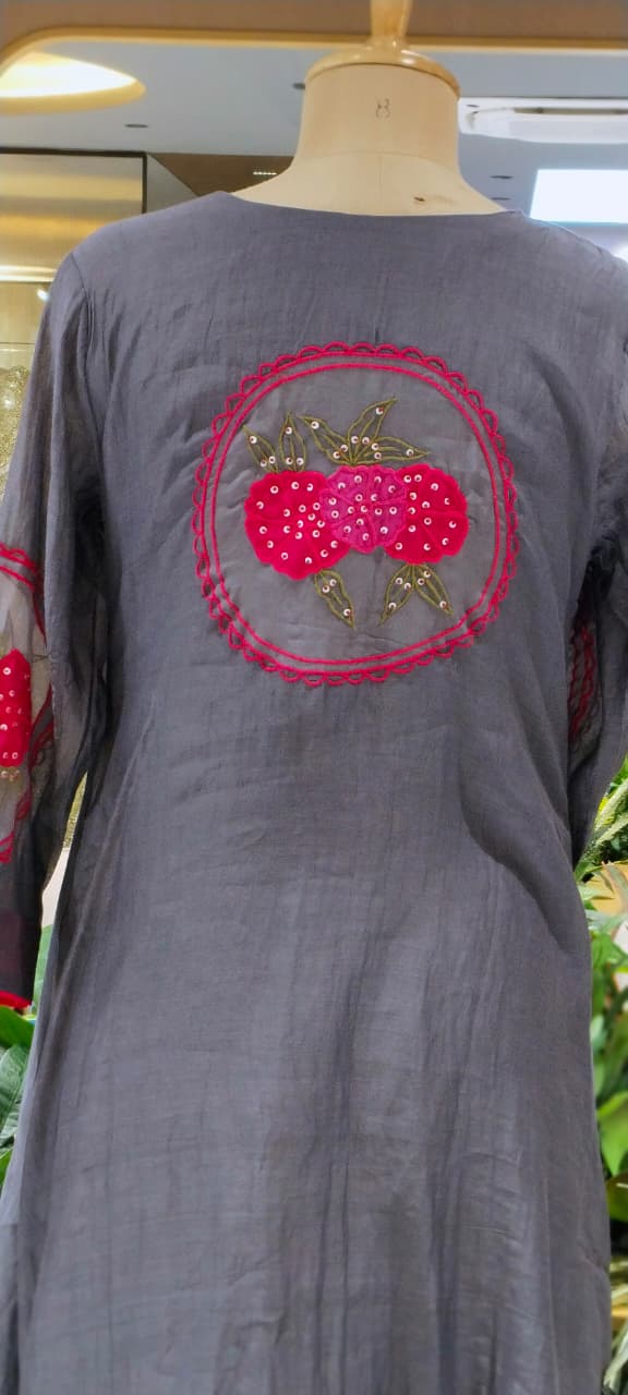 Strawberry Floral Patched Embroidery With Sequin Upwork A-Line Banarasi Mul-Chanderi Full Suit Set With Dupatta- 16530