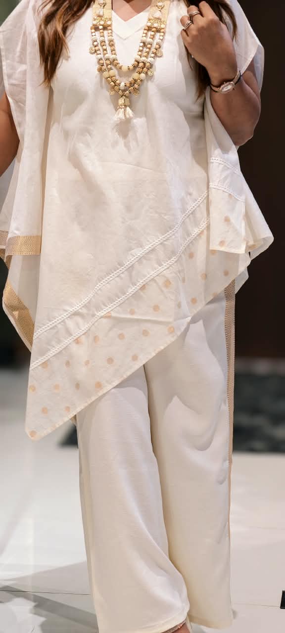 Stylish Indo-Western Golden Placket Lace Detailing High-Low Kurta With Matching Bottom & Stunning Neckpiece- 16514