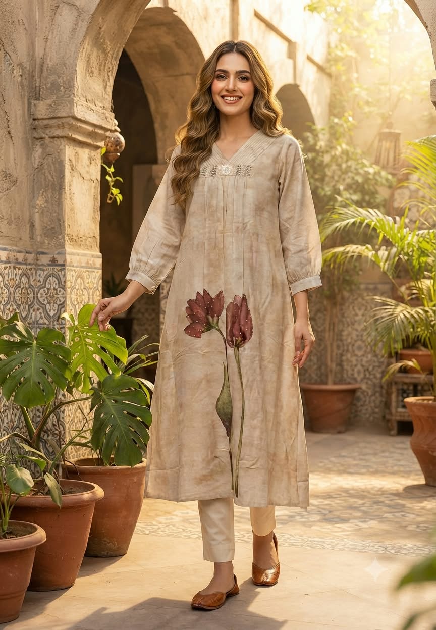Pleated Neckline Delicate Shimmer Embroidery Digital Floral Print Pure Linen Frock- 16473, 16477