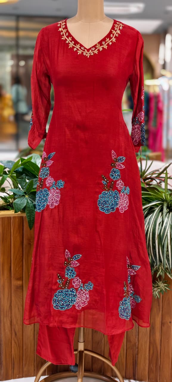 Colorful Floral Appliques Highlight Embroidered A-Line Mul-Chanderi Full Suit Set With Dupatta- 15945