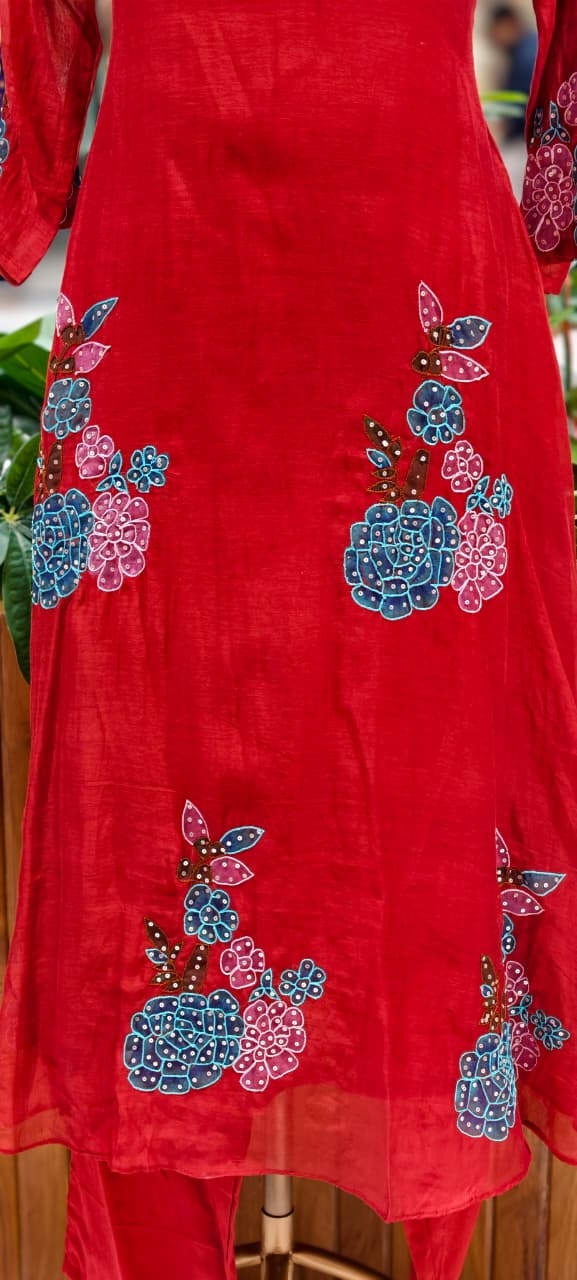 Colorful Floral Appliques Highlight Embroidered A-Line Mul-Chanderi Full Suit Set With Dupatta- 15945