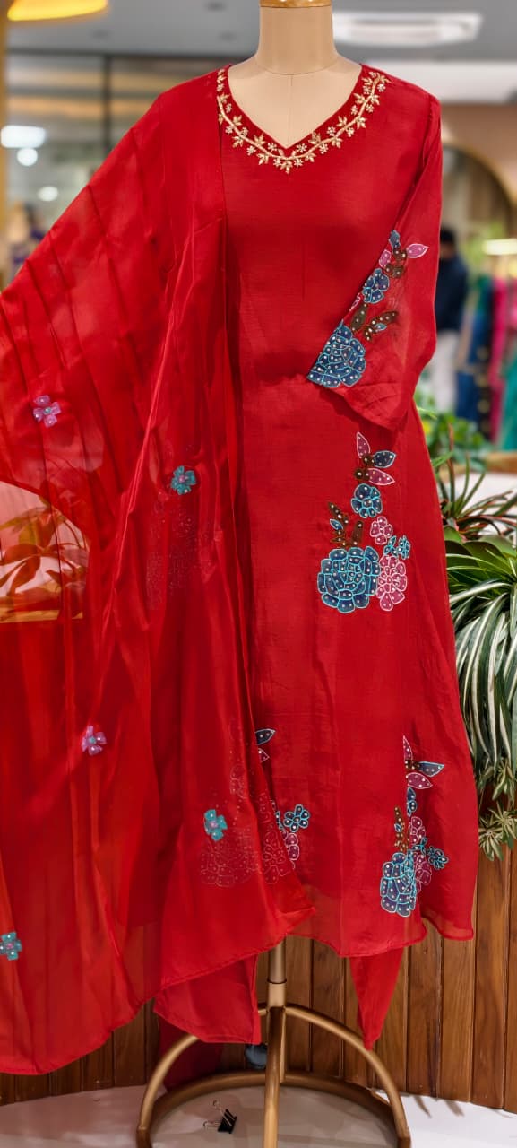 Colorful Floral Appliques Highlight Embroidered A-Line Mul-Chanderi Full Suit Set With Dupatta- 15945