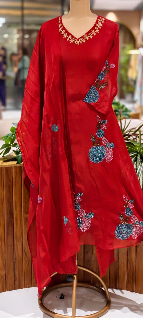 Colorful Floral Appliques Highlight Embroidered A-Line Mul-Chanderi Full Suit Set With Dupatta- 15945