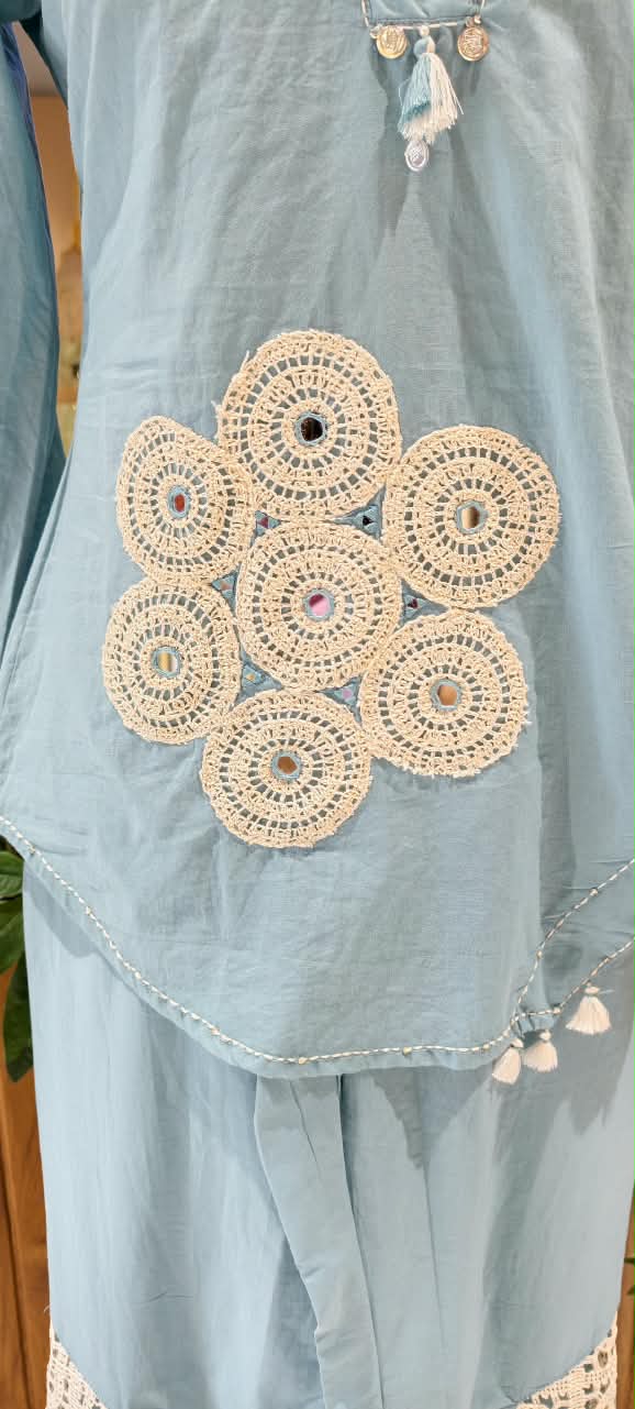 Crochet Lace Trimmed Coin Tassel Accent Cotton Boho Style Co-Ord Set- 16533