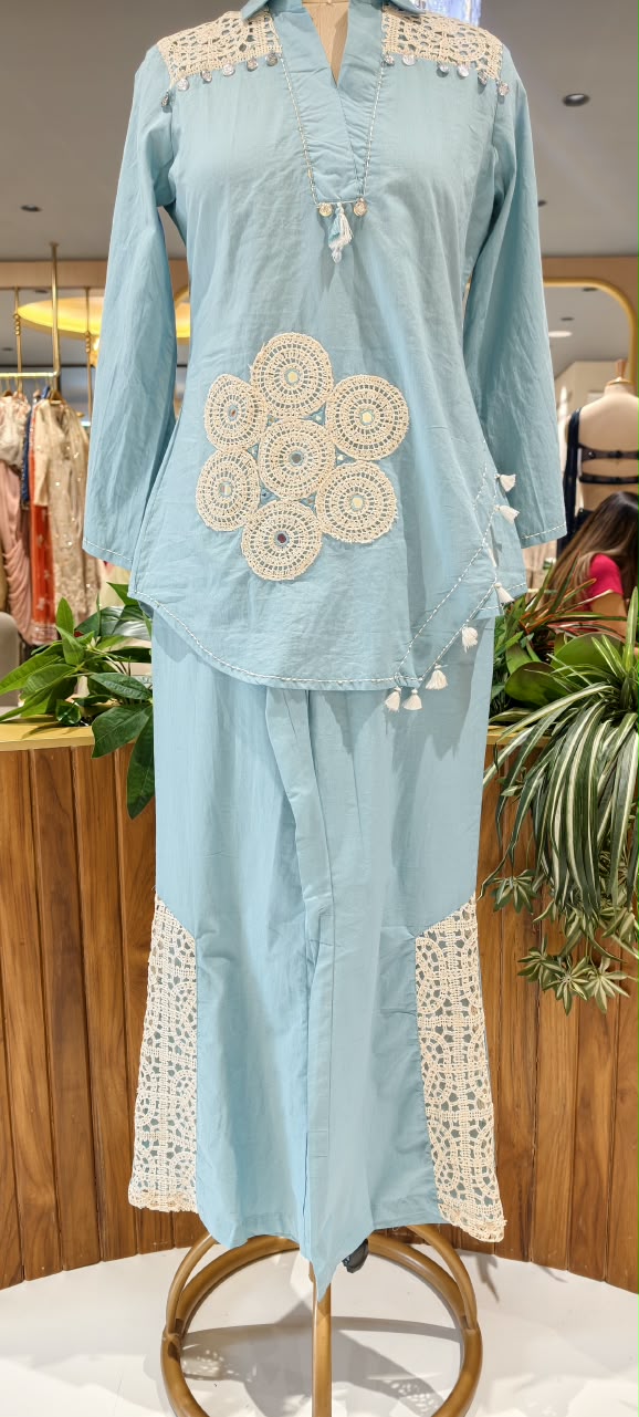 Crochet Lace Trimmed Coin Tassel Accent Cotton Boho Style Co-Ord Set- 16533