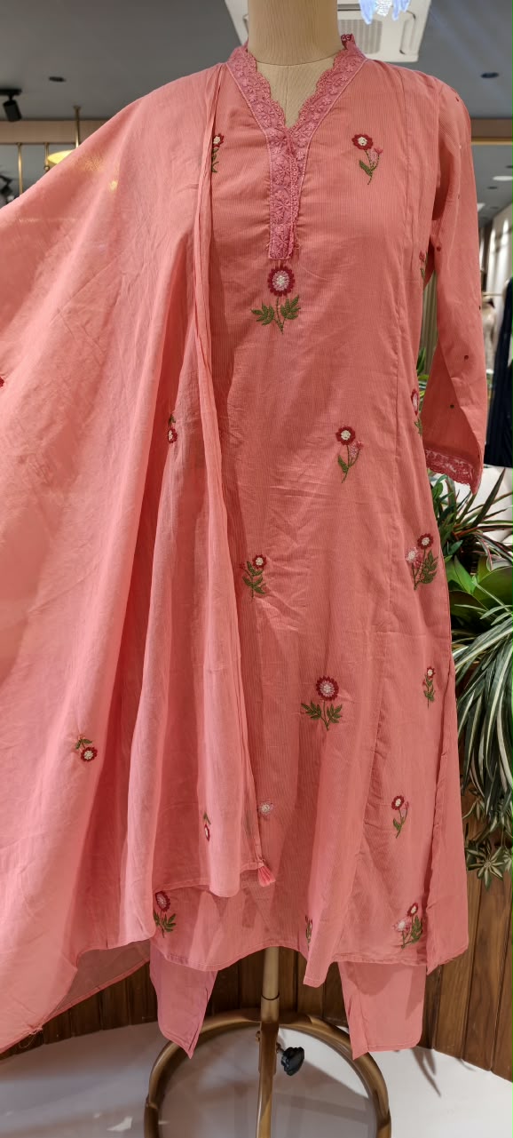 Lace Trimmed Neckline Floral Intricate Embroidery A-Line Sili Cotton Full Suit Set With Dupatta- 16531
