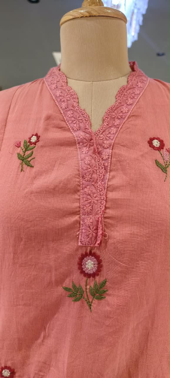 Lace Trimmed Neckline Floral Intricate Embroidery A-Line Sili Cotton Full Suit Set With Dupatta- 16531