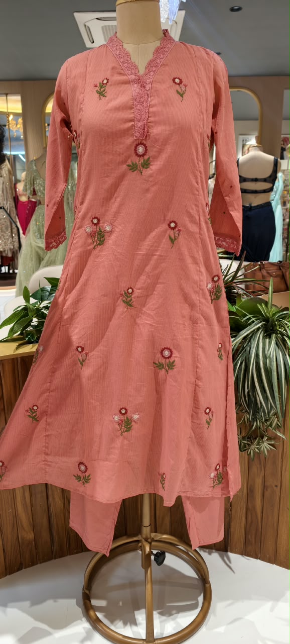 Lace Trimmed Neckline Floral Intricate Embroidery A-Line Sili Cotton Full Suit Set With Dupatta- 16531