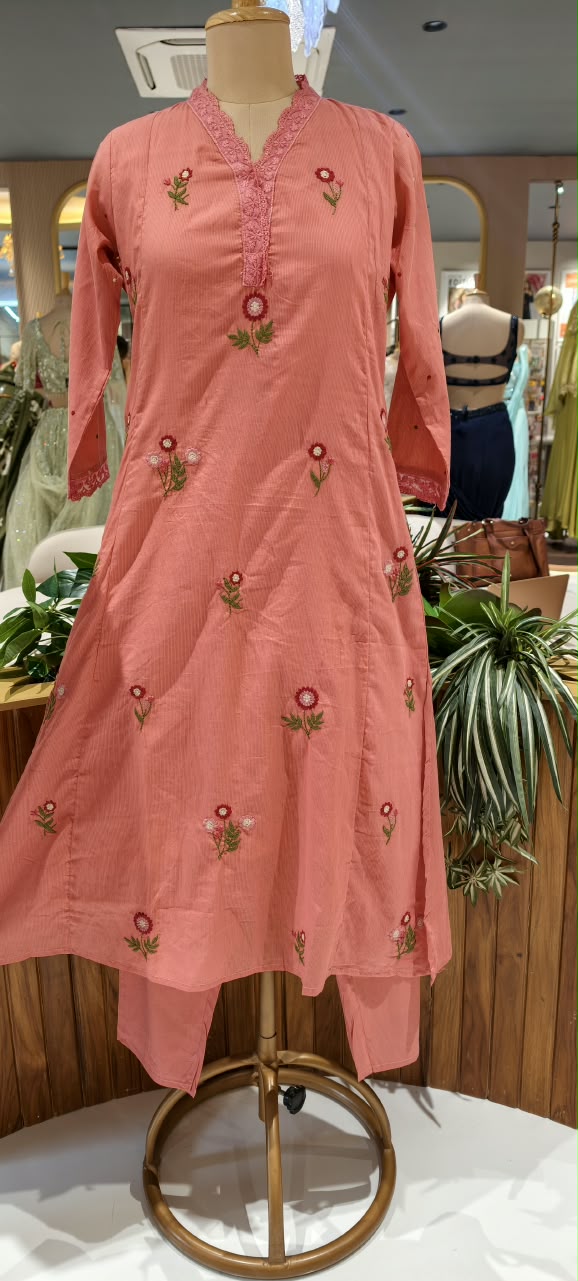 Lace Trimmed Neckline Floral Intricate Embroidery A-Line Sili Cotton Full Suit Set With Dupatta- 16531