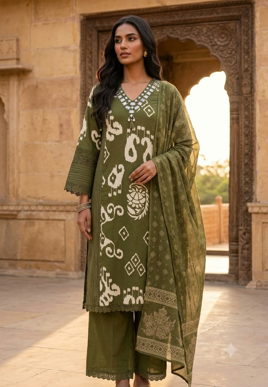 Ikkat Mango Buti Print Real Mirror Crosia Lace Borders Cotton Full Suit Set With Dupatta- 16532