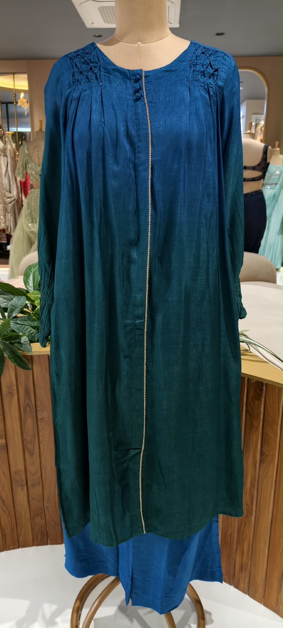 Dark Ombre Shade Pin Tucks Work Over Shoulder Kurta Pant Set- 16136