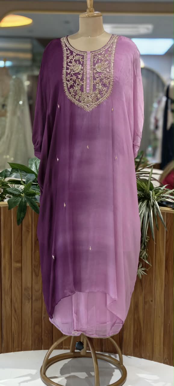 Ombre Elegance Embroidery Handwork Over Neck Chinon Kaftan With Matching Bottom- 15501
